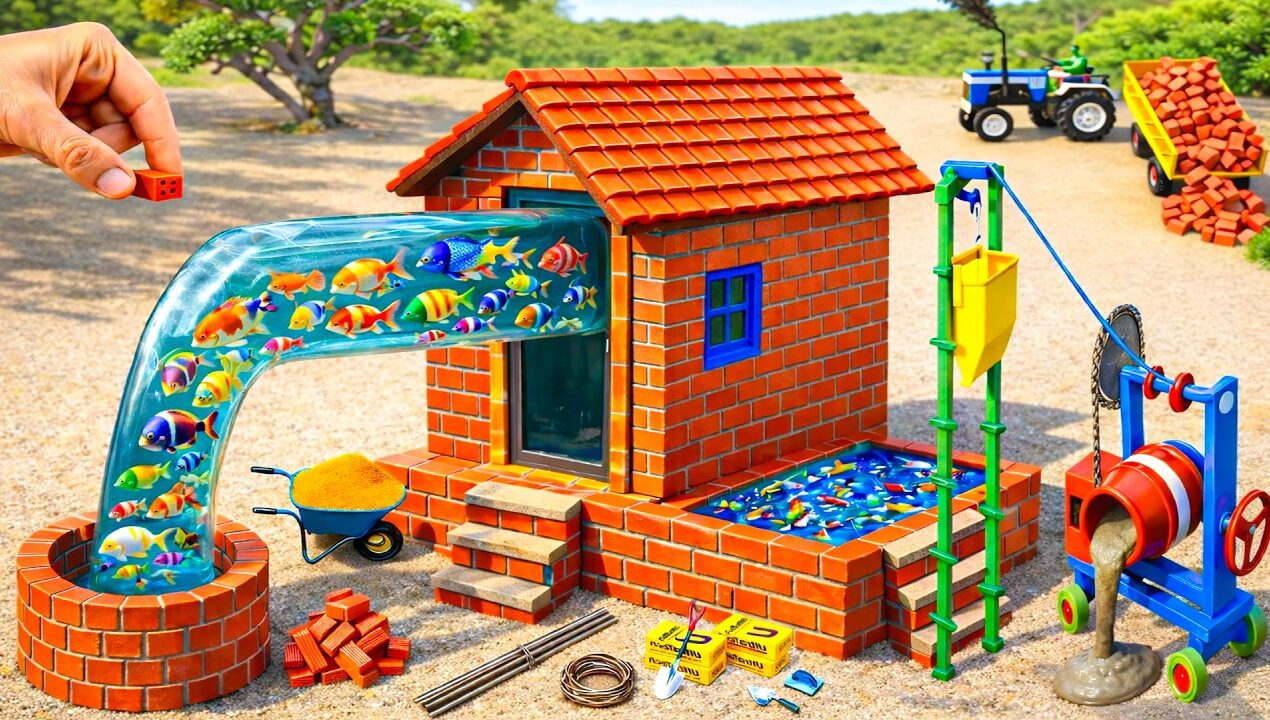 DIY Construction Science Project – Building a Modern Fish House and Water Well with Brick and Cement