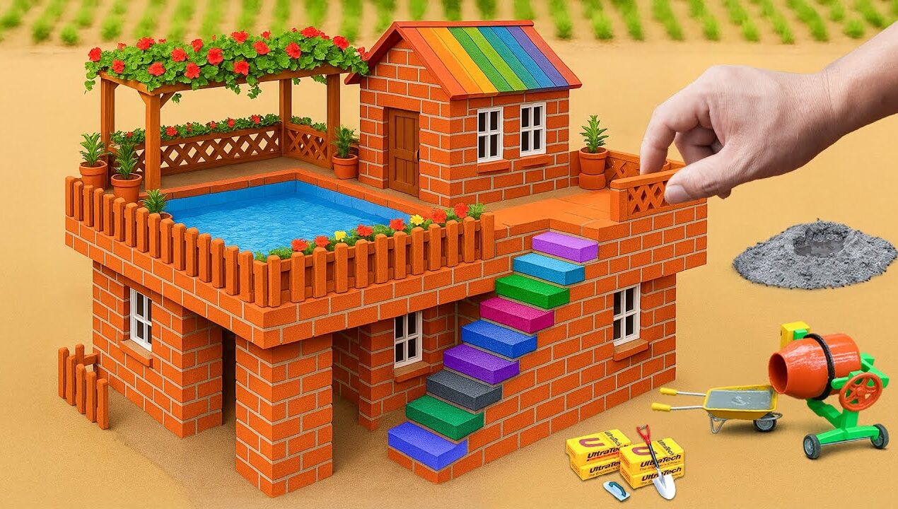 Tractor Build a Brick House With a Mini Pool – DIY Construction Science Project | @MinMinTractor