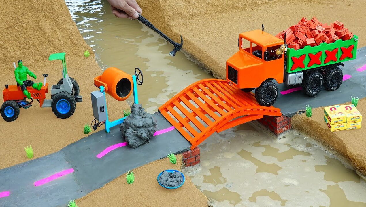 DIY Mini Truck Builds Brick & Metal Railing Bridge | Fun Construction Science Project