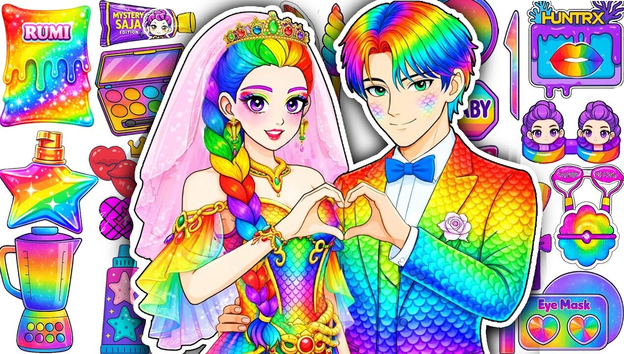 🌸Paper DIY🌸KPOP DEMON HUNTERS Couple Rumi x Jinu Colorful Hair Glow Up Skincare + Makeup Makeover 💄