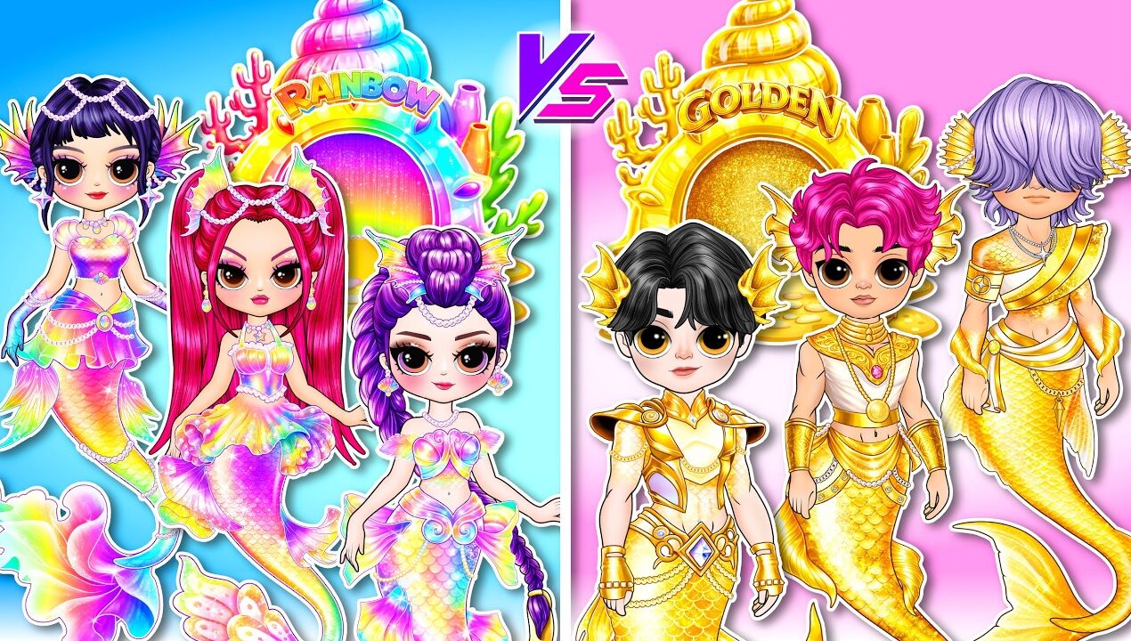Mermaid Rainbow vs Golden! Huntrix vs Saja Boys Battle | DIY Fashion Paper Dolls