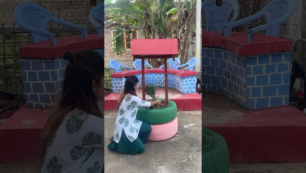 Garden 🪴 decoration using old tyres 🛞 #shorts #gardendecor #trend #reuse #idea #fun