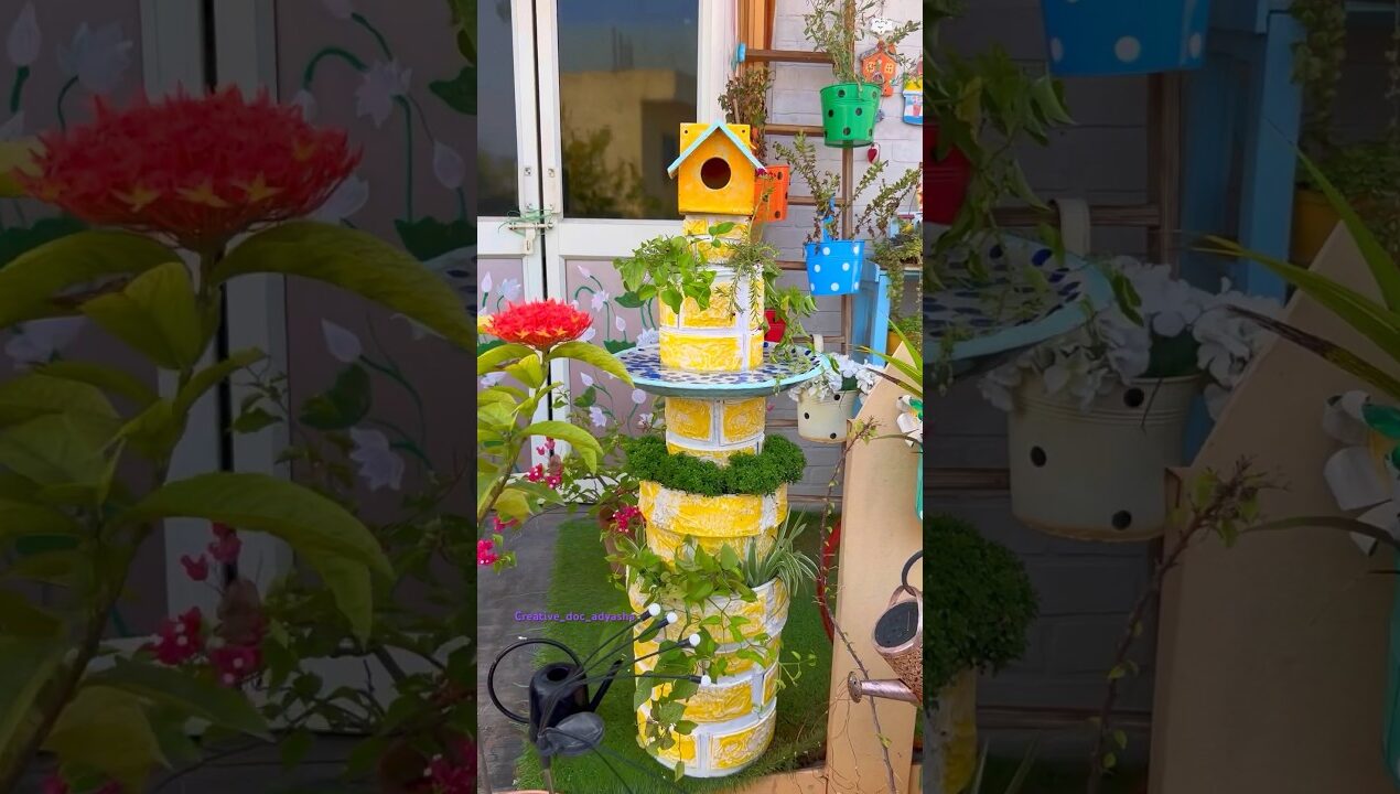 Paint bucket upcycle 💡 | unique vertical planter | bird bath #bestoutofwaste #gardendecor #shorts