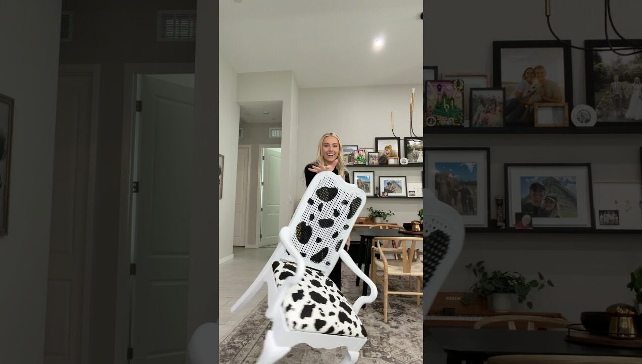 New statement piece 🤪🐄🪑 #diy #craft painting & reupholstering an old chair with cow print