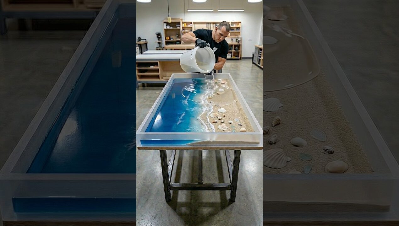 DIY Epoxy Sand Beach Resin Kitchen Island Tabletop 🌊🏝️ #diy #epoxy #aesthetic #epoxyresin #resinart