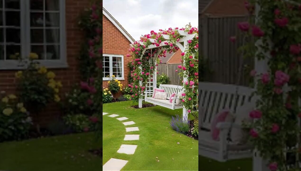 Beautiful Rose Garden Pergola with Swing | Backyard Garden Inspiration #usa #interiordesign #garden