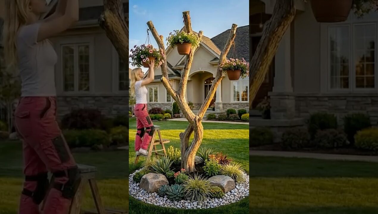 DIY Dead Tree Planter: Step-by-Step Transformation 🏡🌿#GardenDesign #DIYProjects