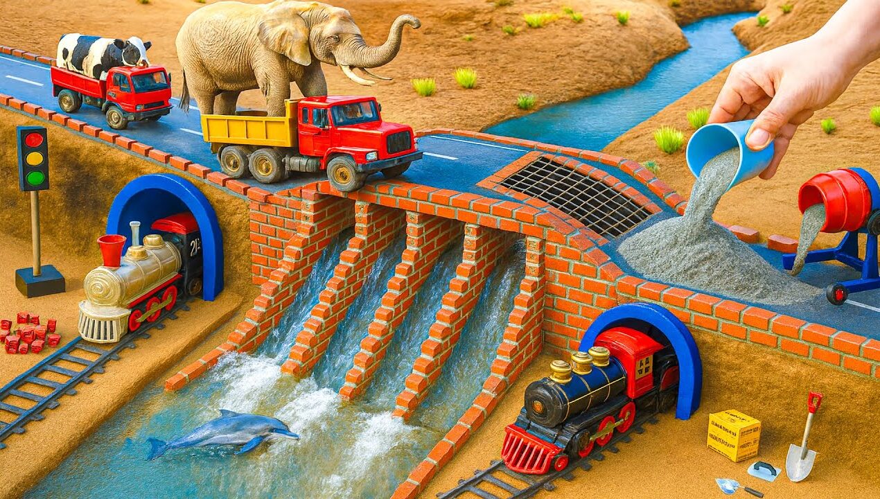 DIY Mini Truck Builds Brick & Metal Railing 4 Compartment Bridge | Fun Construction Science Project