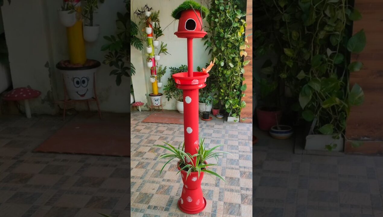 DIY Birdbath& Birdhouse from planters and PVC pipe budget friendly#garden decor#ideas #homedecor #👍🏻