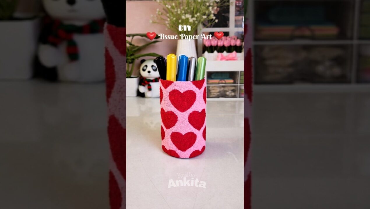DIY Tissue paper Art on pen holder#craft #diy #handmade #krafterankita #shorts #diyideas #textureart
