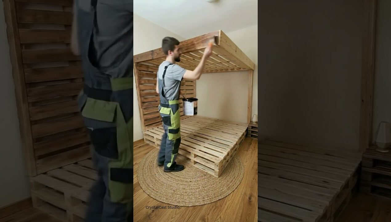 INSANE Pallet Bed Transformation 😱 DIY Wooden Pallet Canopy Bed Build #shorts