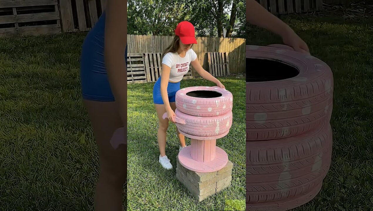 DIY Pink Tire & Spool Planter | Easy Garden Upcycle Idea