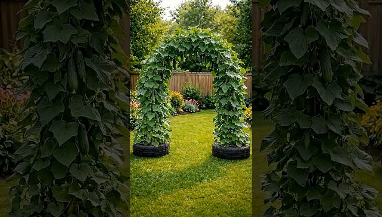 Can You Believe What I Grew in These Tires? Unique DIY Garden Arch! 🤯🥒 #shorts