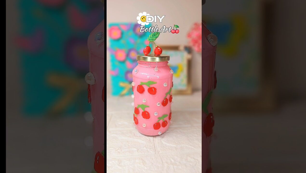 DIY Bottle Art with Glue Gun Cherry🍒#diy#handmade#ytshorts#shortviral#bottleart#craft#artandcraft