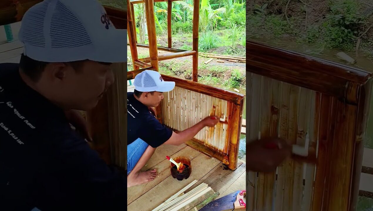 proses cat warna alami rangangka dinding bilik Bambu rumah empang #diy #rumah #empang