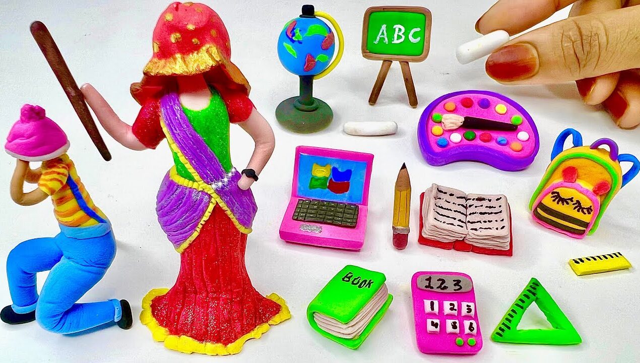 DIY How to make polymer clay miniature School Set, Laptop,back to School supplies | diy stationary