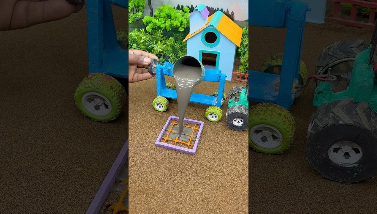😱 Mini Tractor Building Cement Pillar with Strong Base | DIY Construction Machine 🚜 #shorts