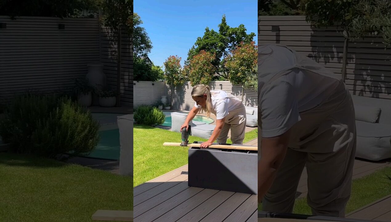 DIY Sitzbank Gartenlounge selber bauen mit Blumentöpfe Bank im Garten bauen DIY Gartenlounge Pool