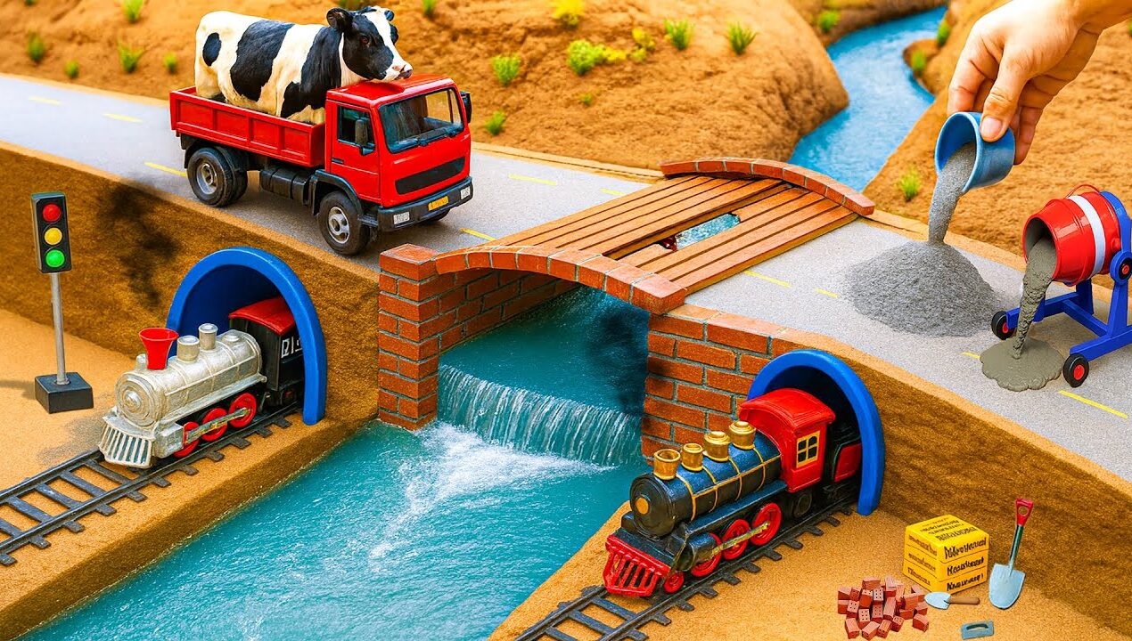 DIY Mini Truck Builds Brick & Metal Railing Bridge | Fun Construction Science Project