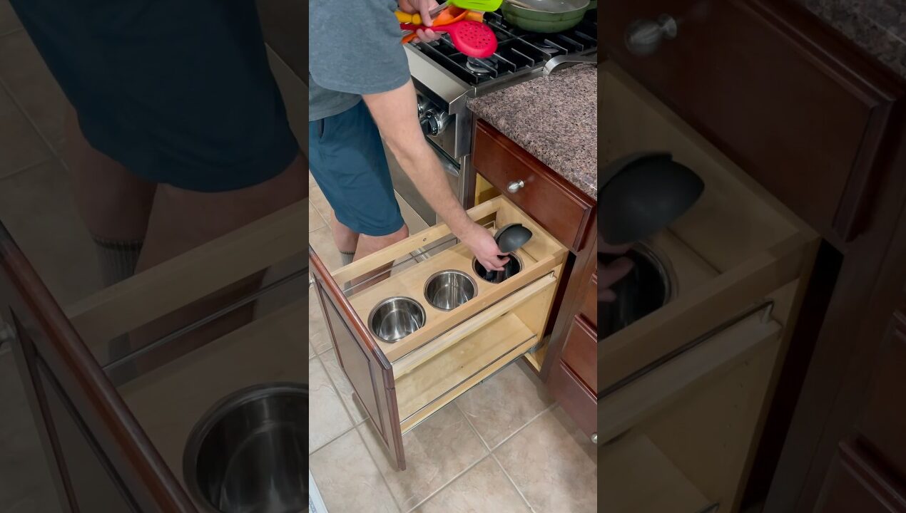 Decluttering kitchen countertop with DIY cabinet cooling utensil storage#diy #kitchen