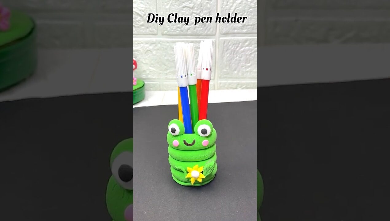 Diy clay pen holder for kids #diy #kidsvideo #penholder #kidscraft #shortsfeed #cartoon #clayart
