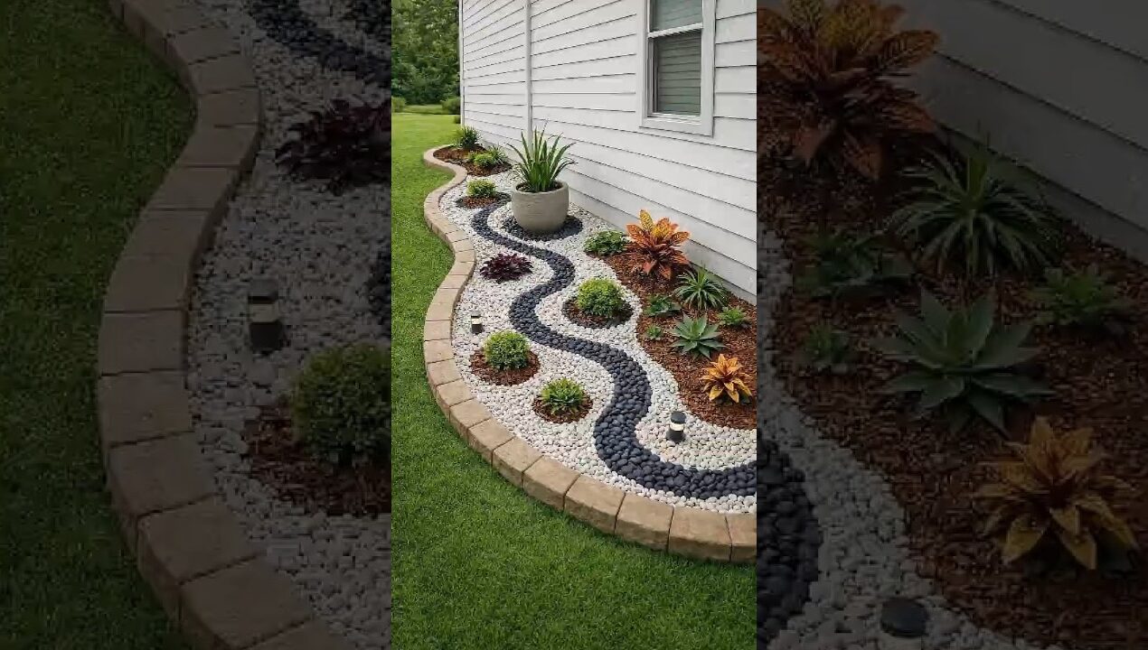 Beautiful River Rock Garden Bed Design | Modern Front Yard Landscaping #gardenideas #gardenstyle #us