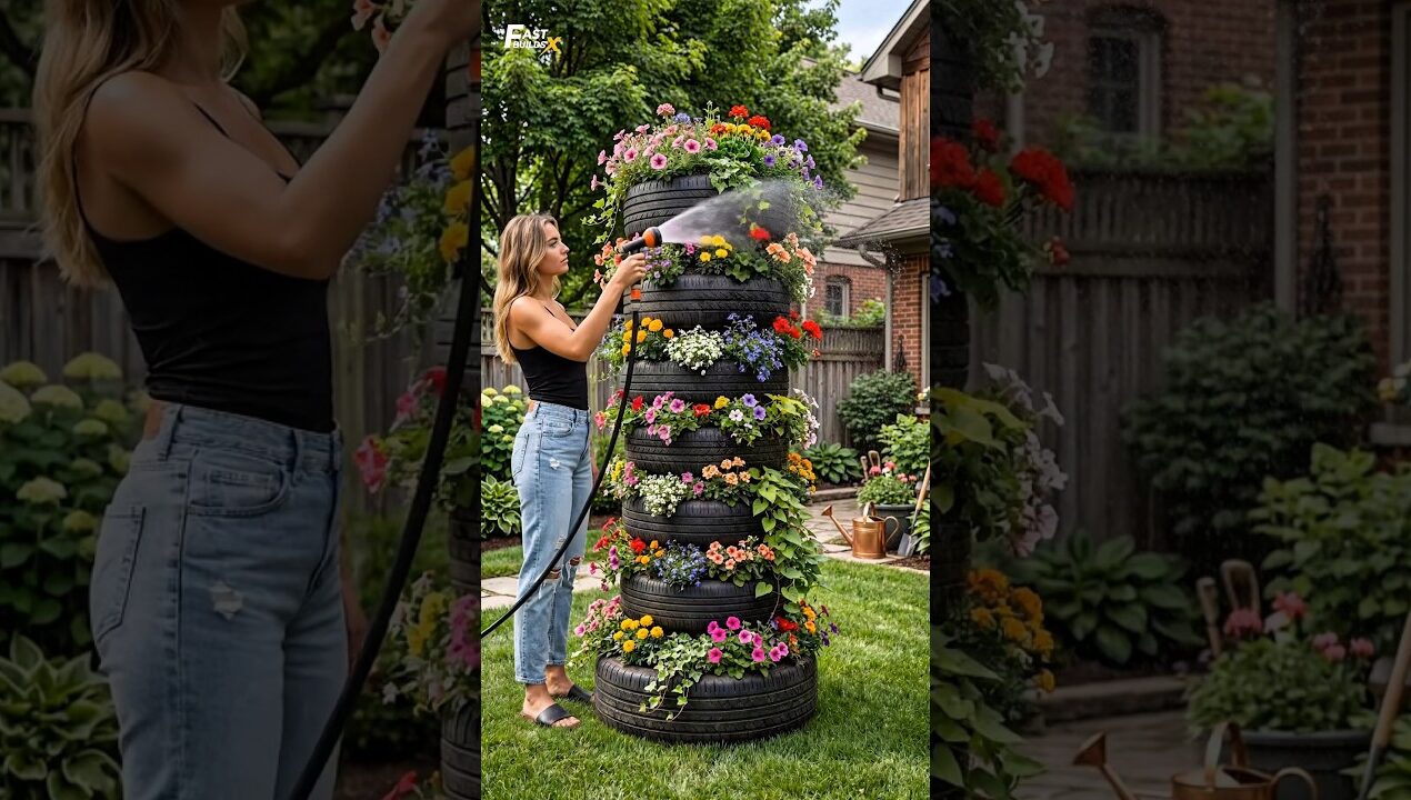 Turning Trash into Luxury 💎 DIY Tire Flower Tower 💐