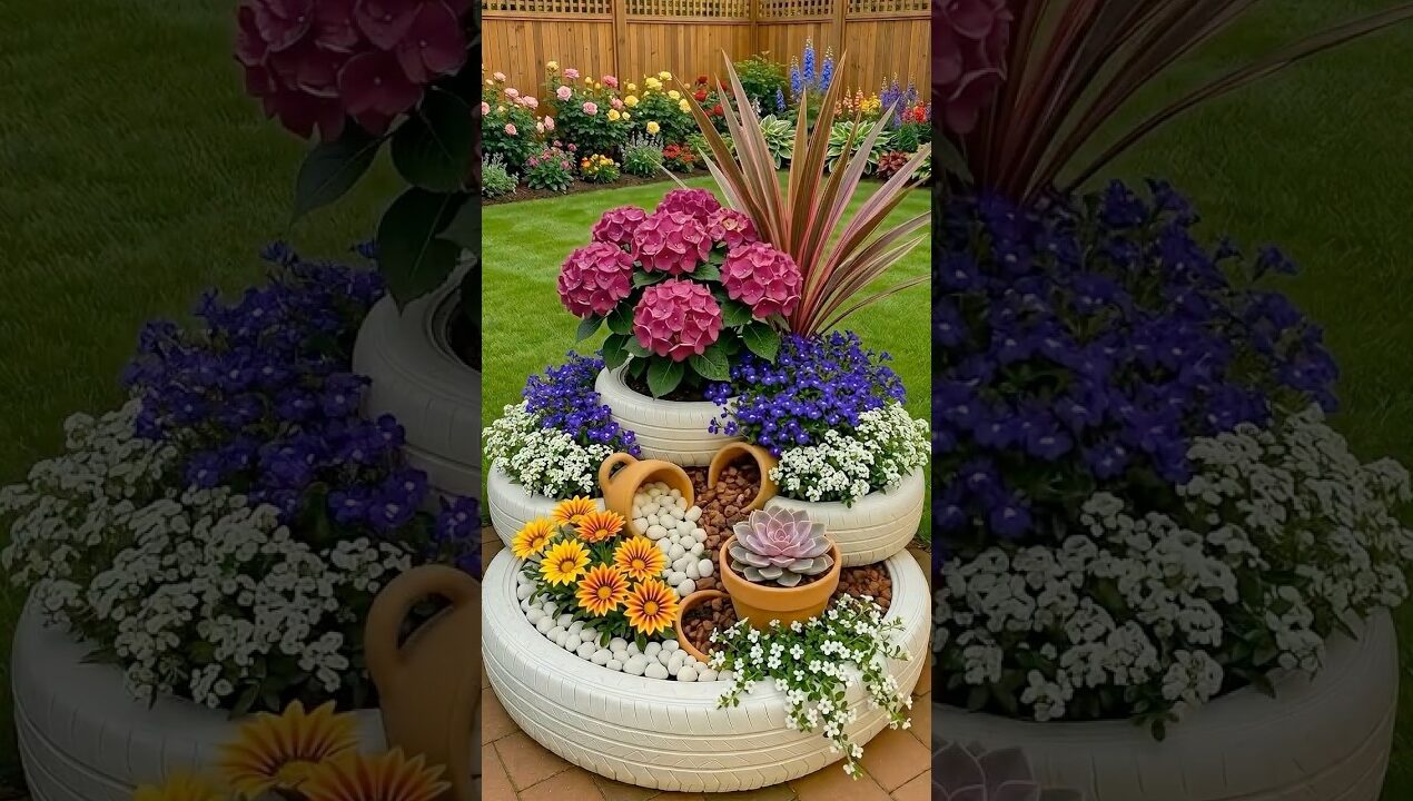 ✨ Spectacular TIRE FLOWER TOWER: Best zero-cost garden decor! #garden #gardening