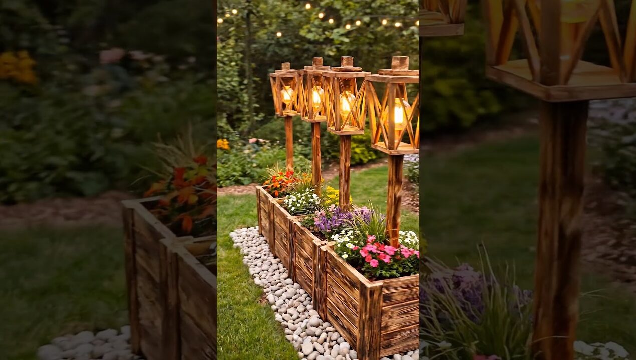 Rustic Wooden Lantern Garden Bed | Cozy Backyard Lighting Idea ✨🌿🪵#gardenlighting #backyarddesign