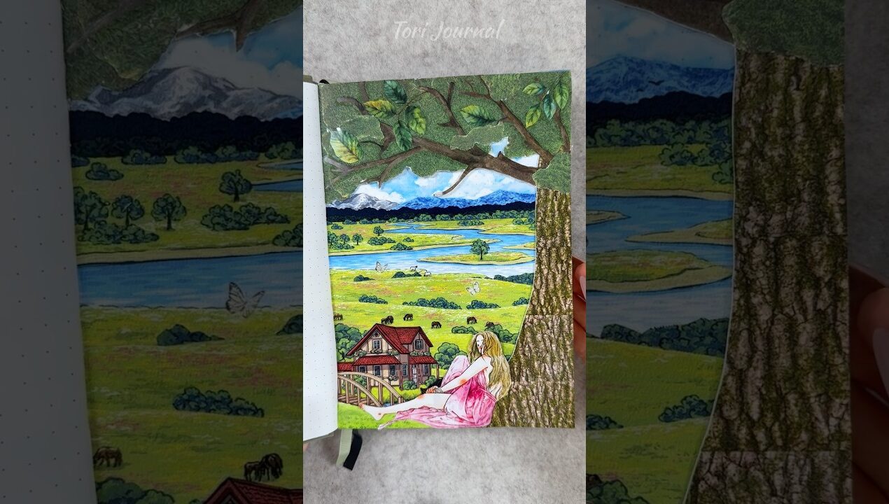 ASMR journal scenery Under the Tree🌳🍃🏞️🦋☁️⛰️|#asmr #journal #scrapbooking #art #diy #journaling