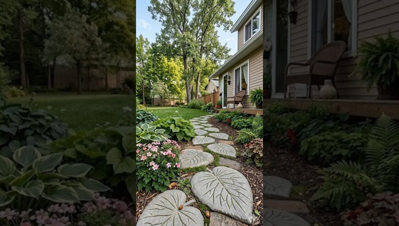 viral! DIY concrete giant leaf stepping stone hack! #garden #landscaping #leafimprint