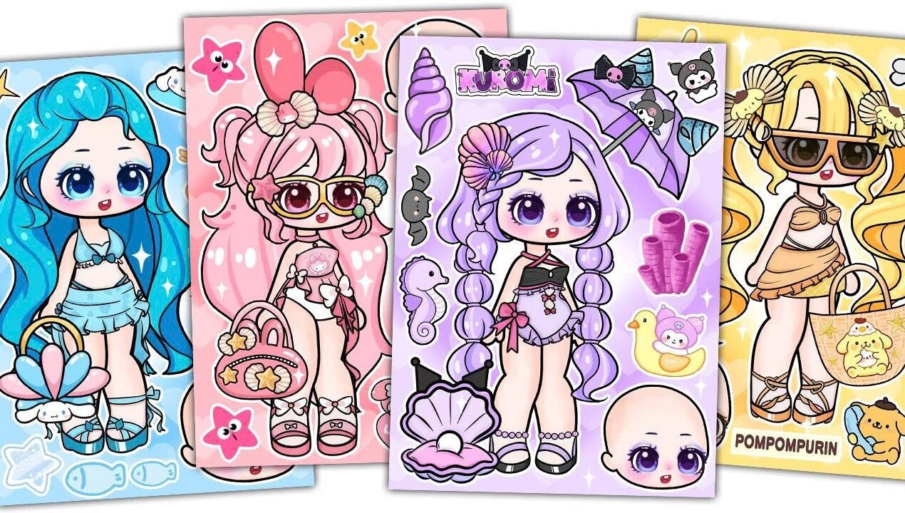 🍓Paper DIY🍓Sanrio Summer Dress- Up Sticker Book🌊 Kuromi, Melody, Cinnamoroll, Pompompurin| ASMR