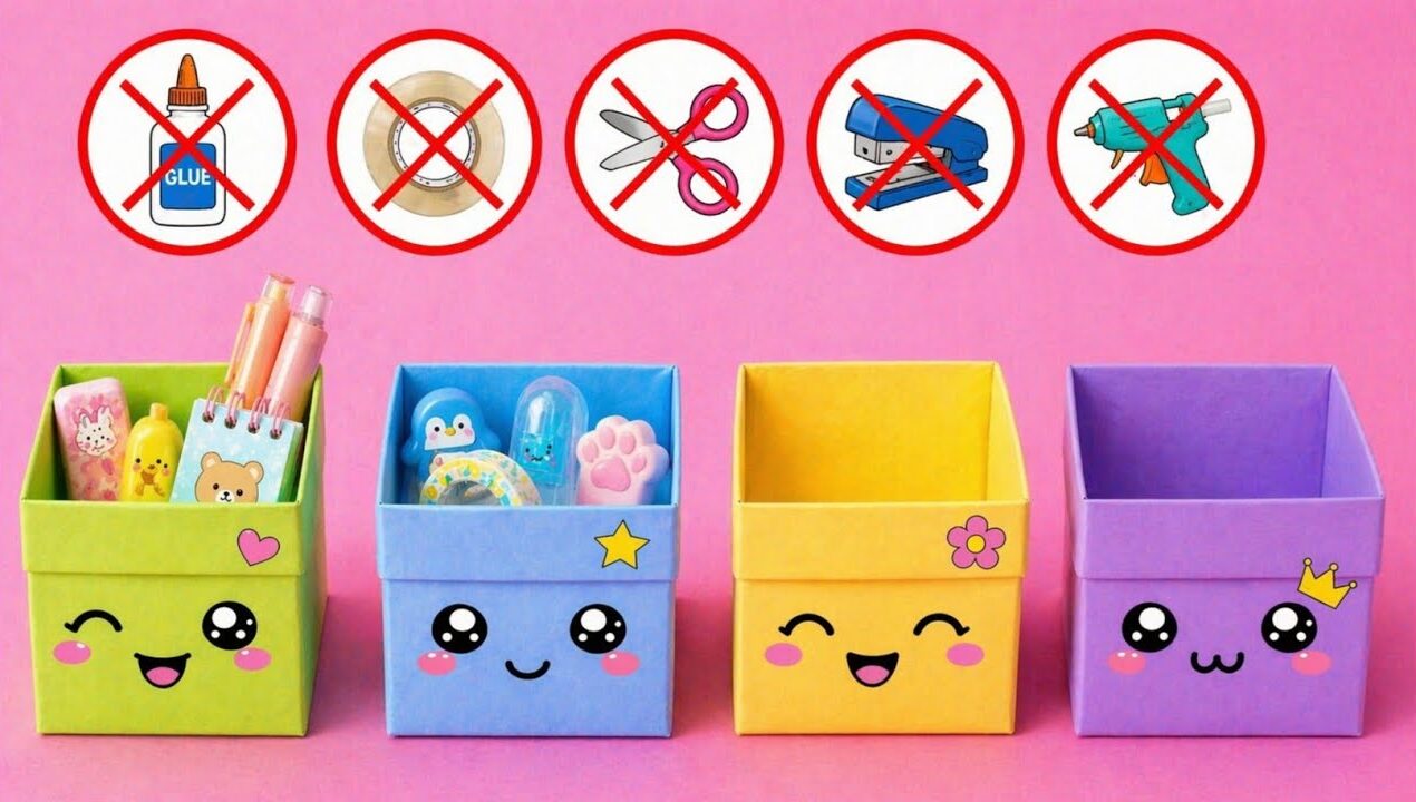 DIY Cute Paper Box 🎀 No Glue, No Tape/Easy Kawaii Organizer /No glue paper craft/Easy paper craft