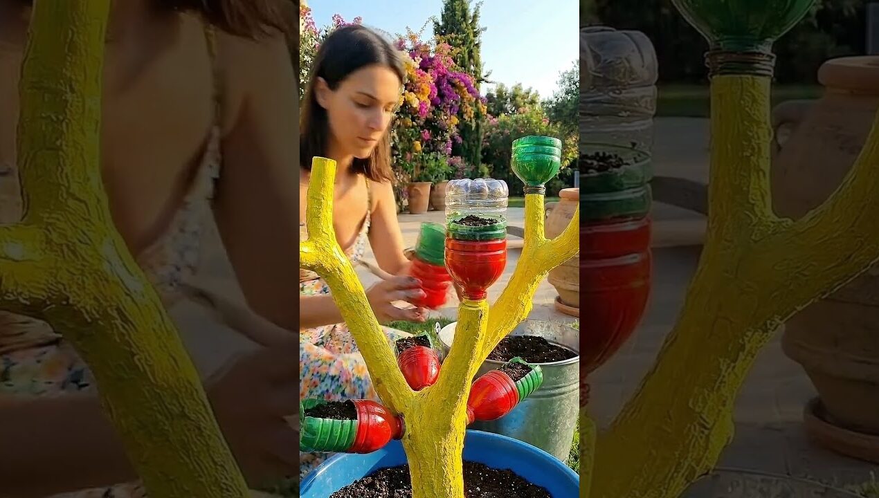 DIY Garden Hack: Turn a Branch & Plastic Bottles into a Flower Tree! 🌳🌸