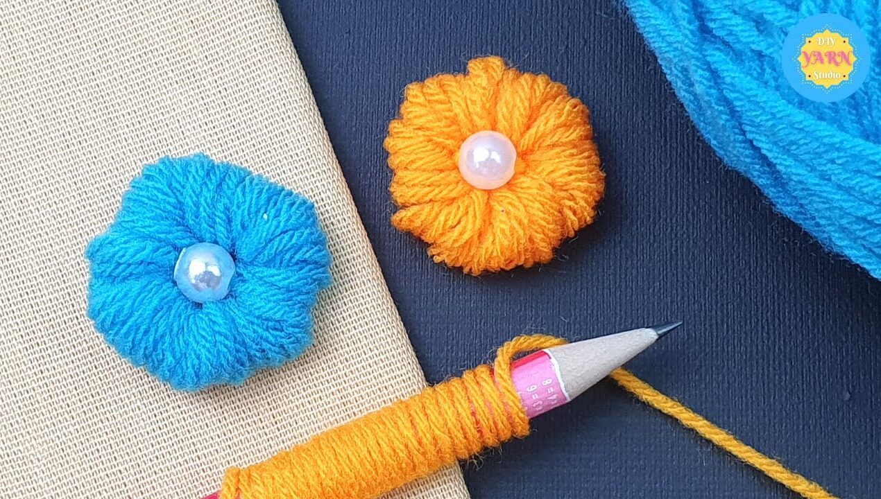 Shorts DIY Woolen Craft Ideas with Pencil – Flower Embroidery – No Crochet Flower – DIY Yarn Studio