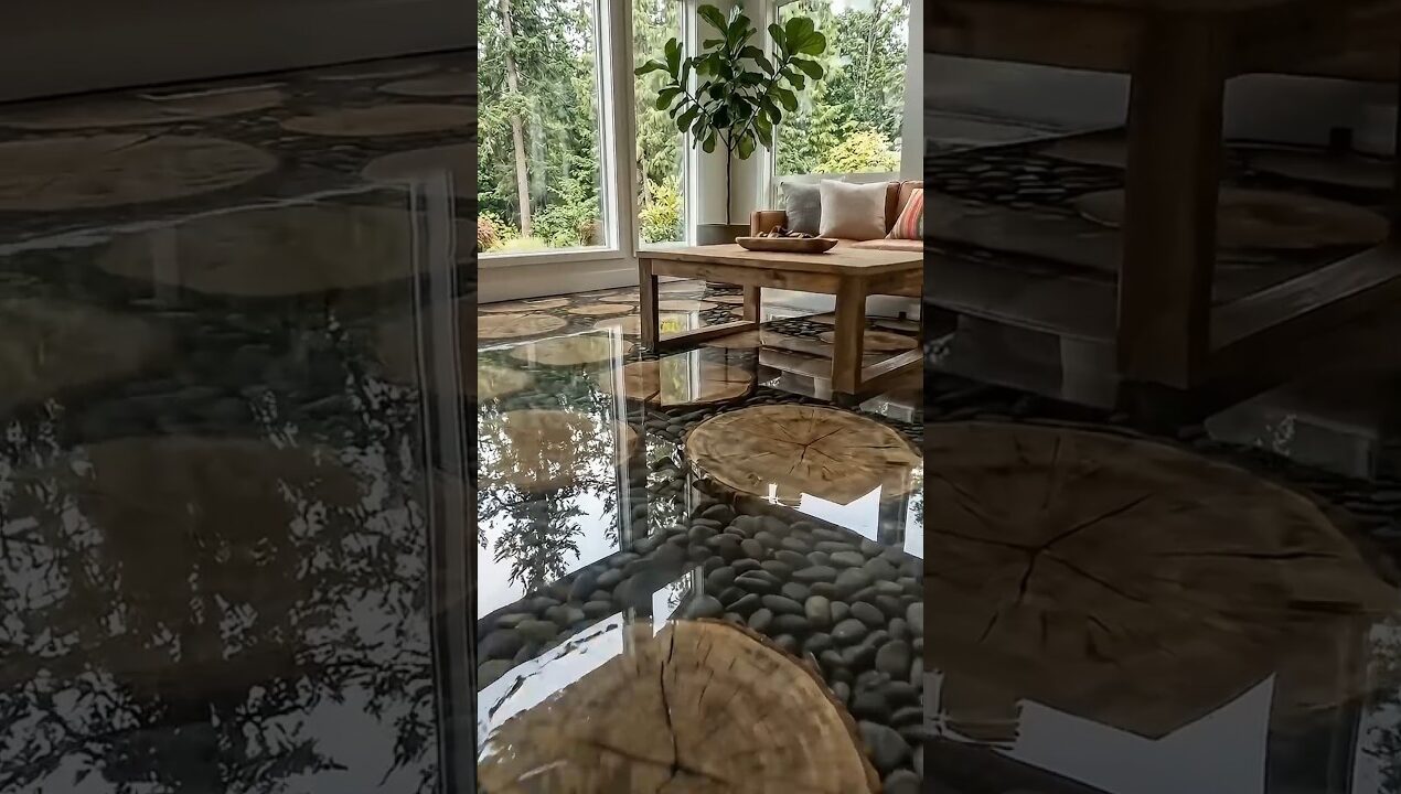 Satisfying DIY: River Rock and Log Slice Epoxy Floor #diy