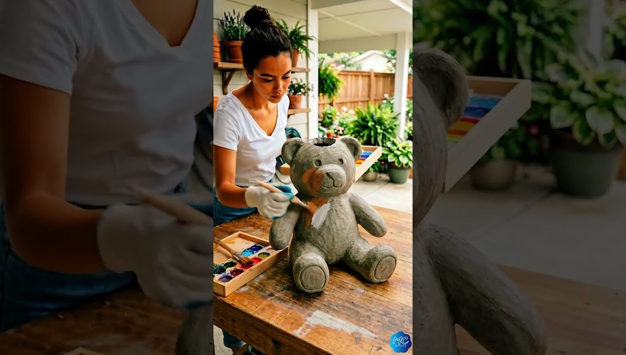 Concrete Teddy Bear Planter DIY Unique Garden Decor Idea with Lavender