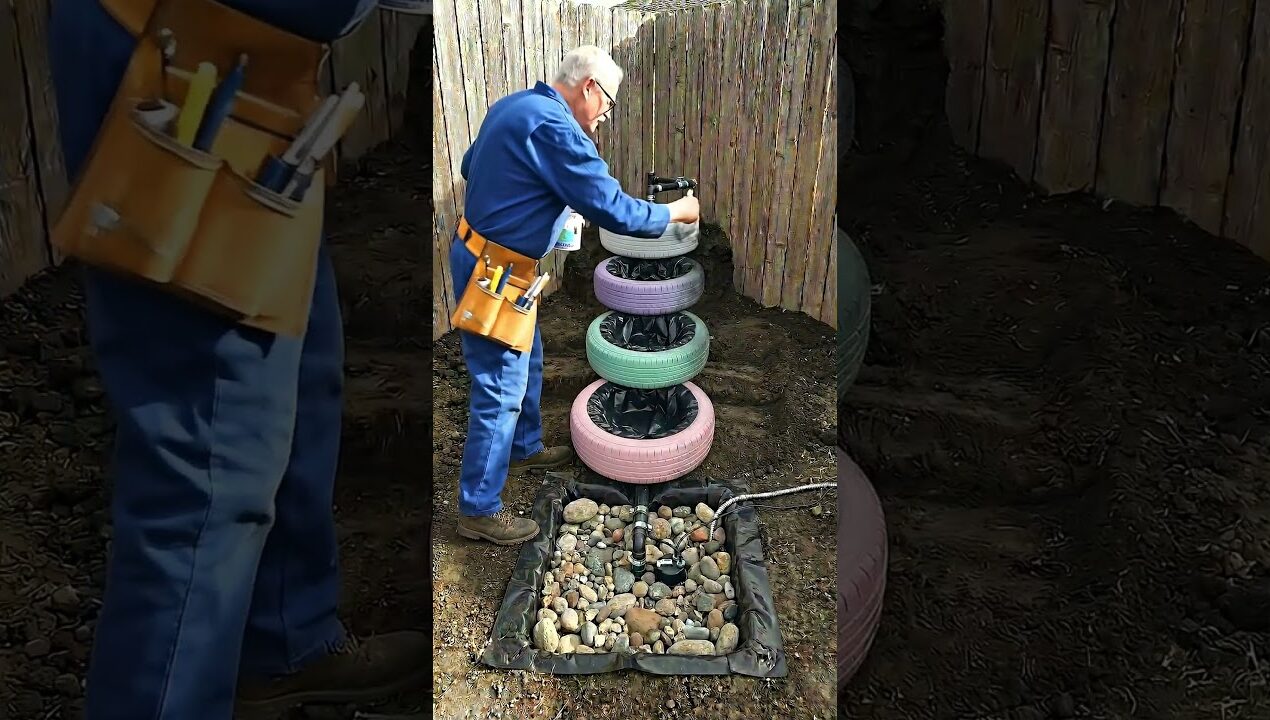 This Backyard Waterfall Was Made From Old Tires 🤯#diy #gardening #garden