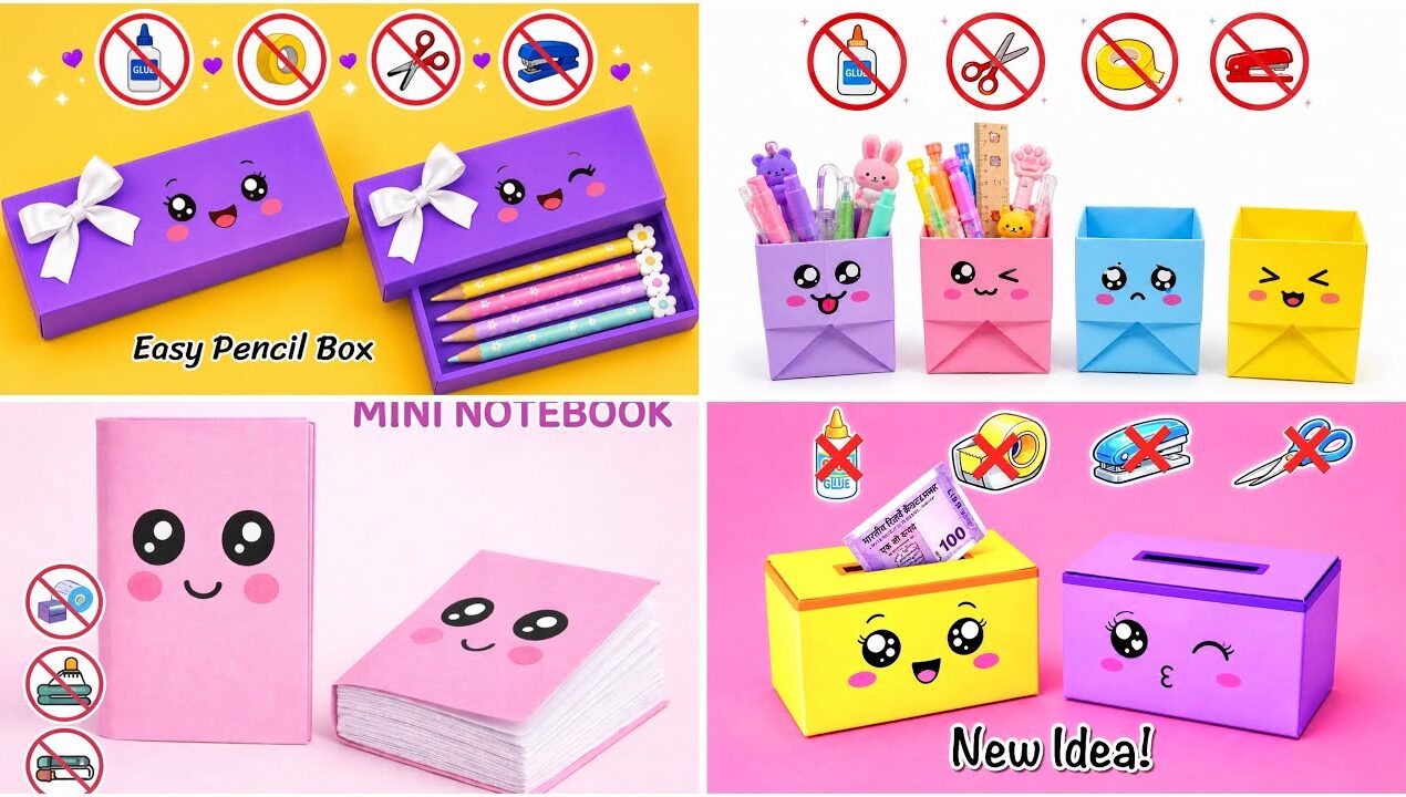 DIY Easy Kawaii PENCIL BOX / NO GLUE origami coin bank, notebook / CUTE school stationery organiser