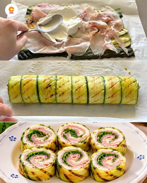 Grilled Zucchini Roll with Cream Cheese, Ham, and Arugula