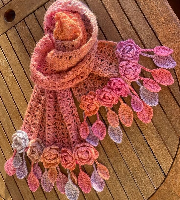 DIY Ombré Crochet Scarf with 3D Roses and Hanging Leaves